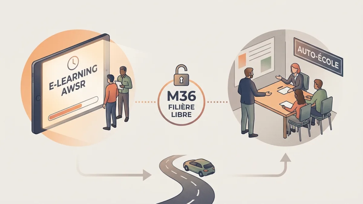 Candidat et guide wallons suivant le rendez-vous pédagogique obligatoire en ligne sur ordinateur.