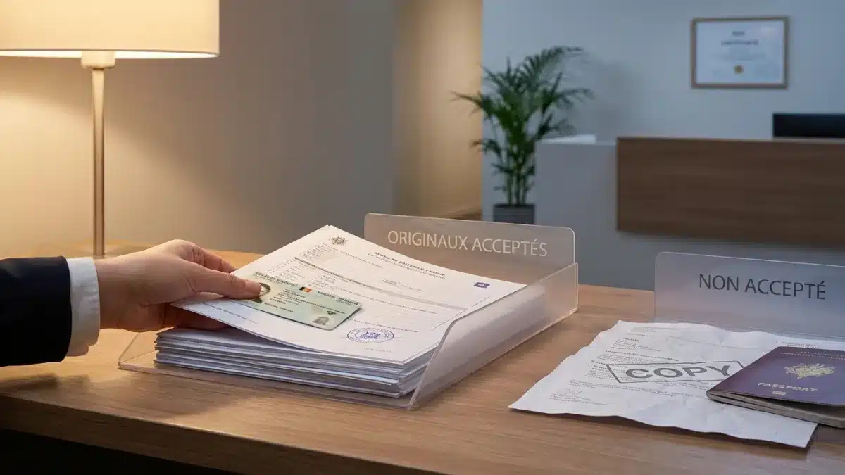 Candidat présentant ses documents originaux obligatoires pour passer le permis de conduire au centre d'examen.