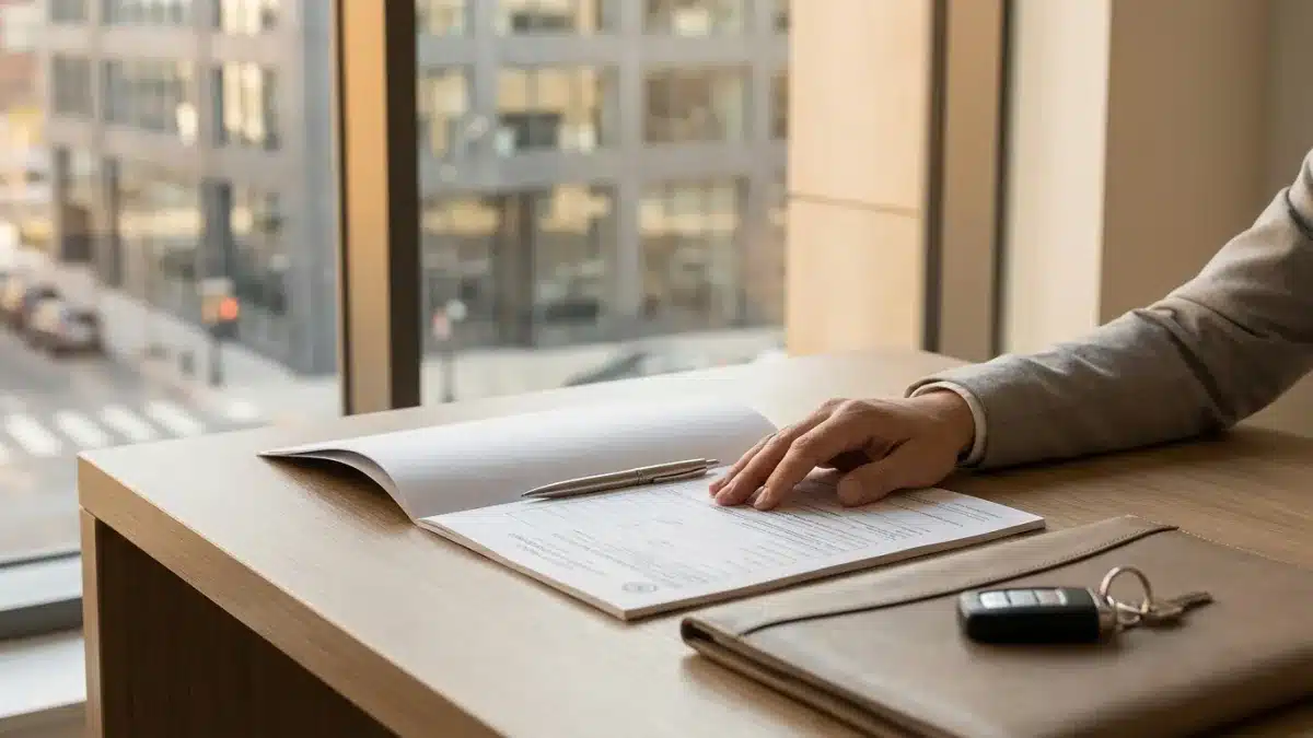 Un candidat déçu au volant tient son document officiel d'échec à l'examen pratique.