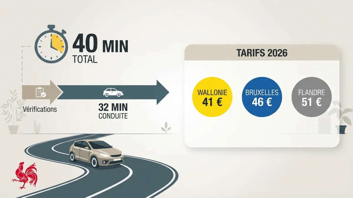 Un candidat au volant lors de l'examen pratique du permis de conduire sur les routes de Wallonie en 2026.