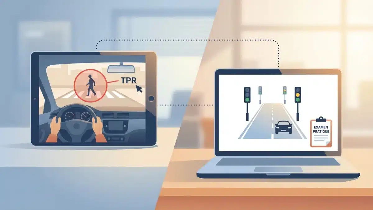 Candidat au volant lors de l'examen pratique du permis de conduire et du test de perception des risques.