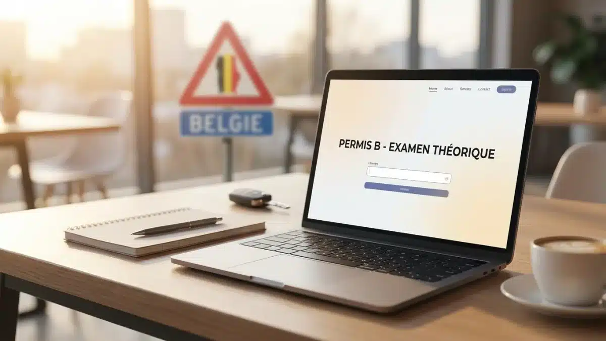 Candidat concentré passant l'examen théorique du permis B sur ordinateur en Belgique.