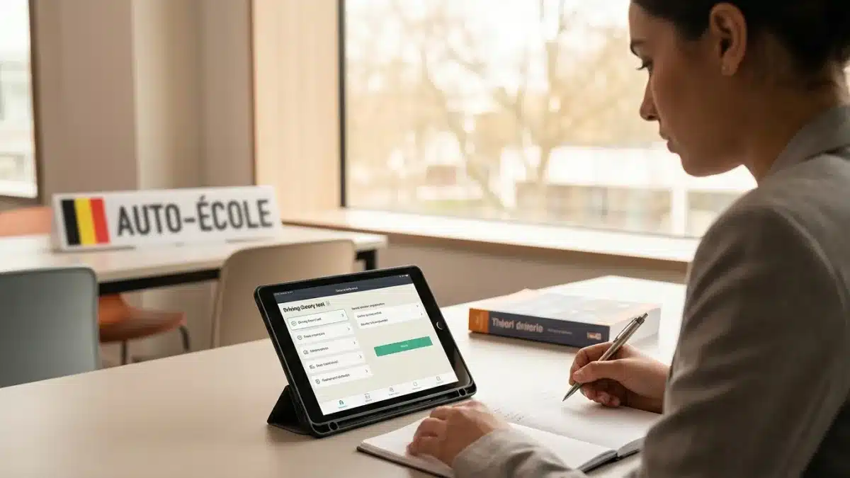 Candidat concentré devant un écran d'ordinateur passant un examen blanc pour le permis B en Belgique.