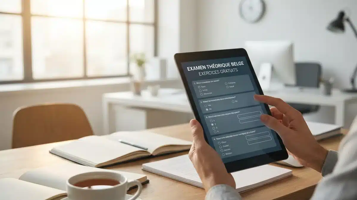 Étudiant préparant son examen avec des exercices gratuits du code de la route belge sur son ordinateur portable.