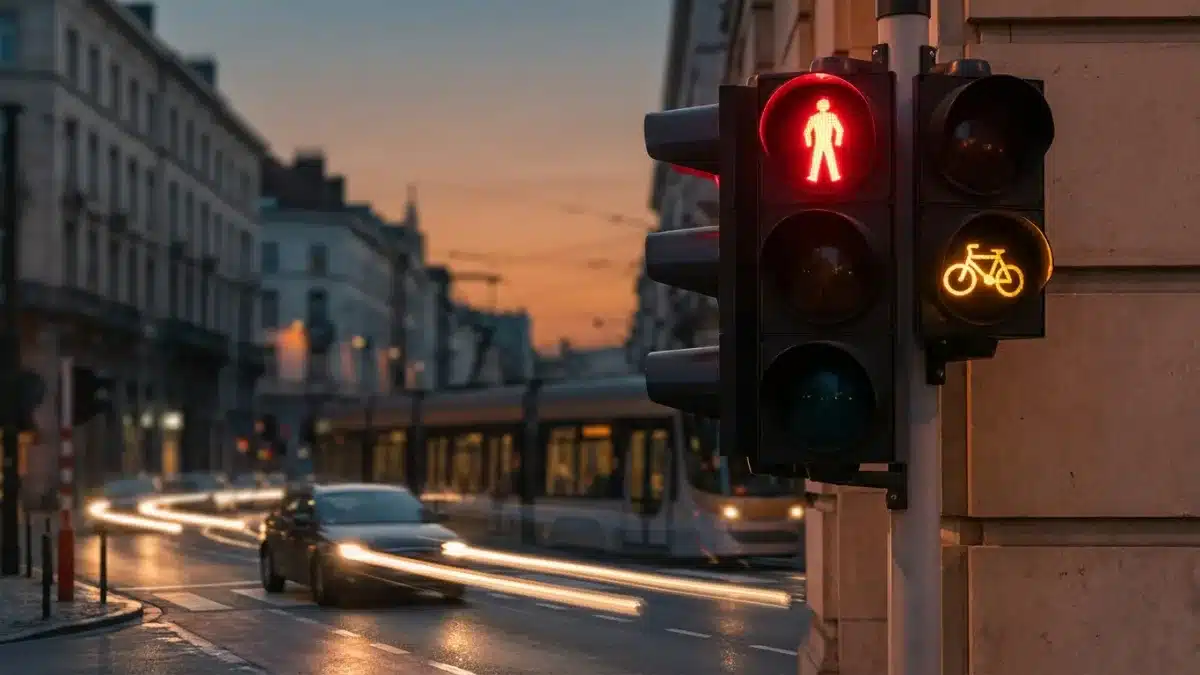 Feu tricolore belge passant au rouge à une intersection pour réguler la circulation routière.