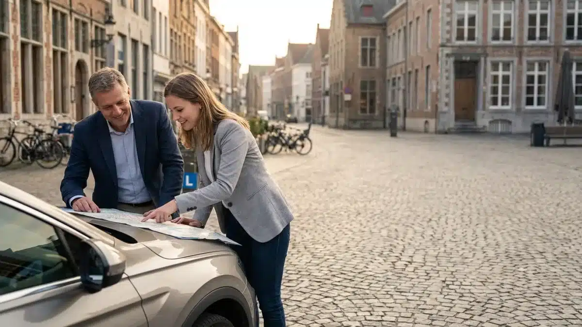 Apprenti conducteur au volant accompagné de son guide pour l'apprentissage en filière libre.