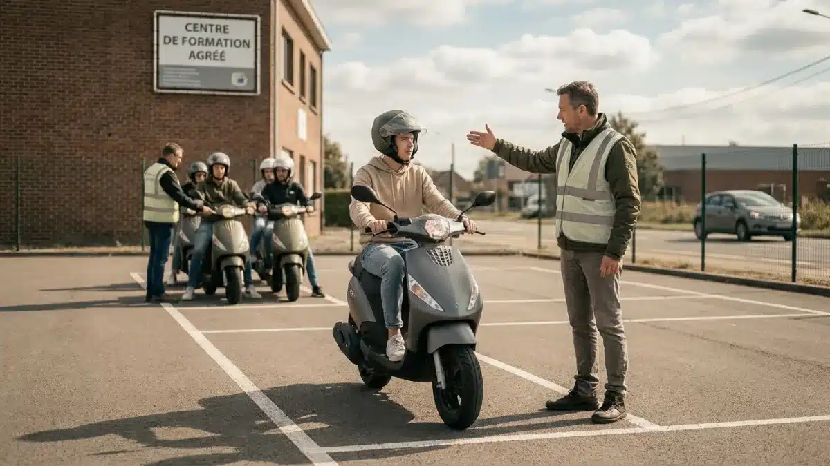Élève en auto-école conduisant un scooter 50cc sur la voie publique lors de sa formation pratique en Belgique.