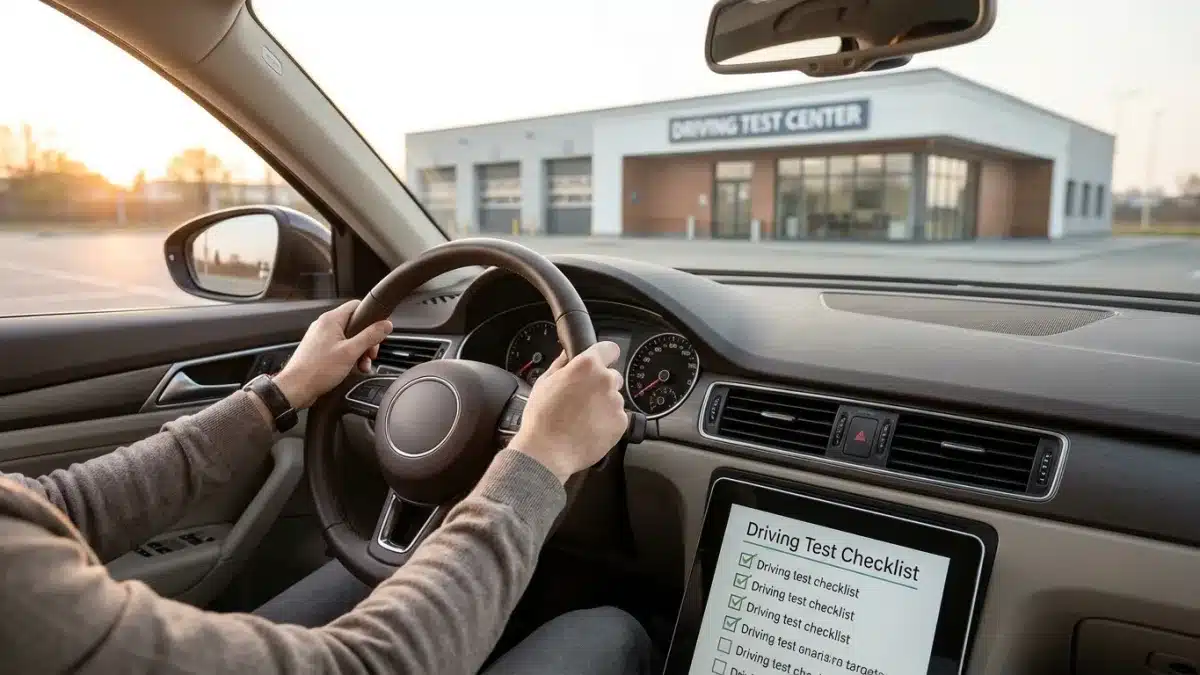 Jeune candidat au permis de conduire respirant profondément au volant pour calmer son stress avant l'examen pratique.