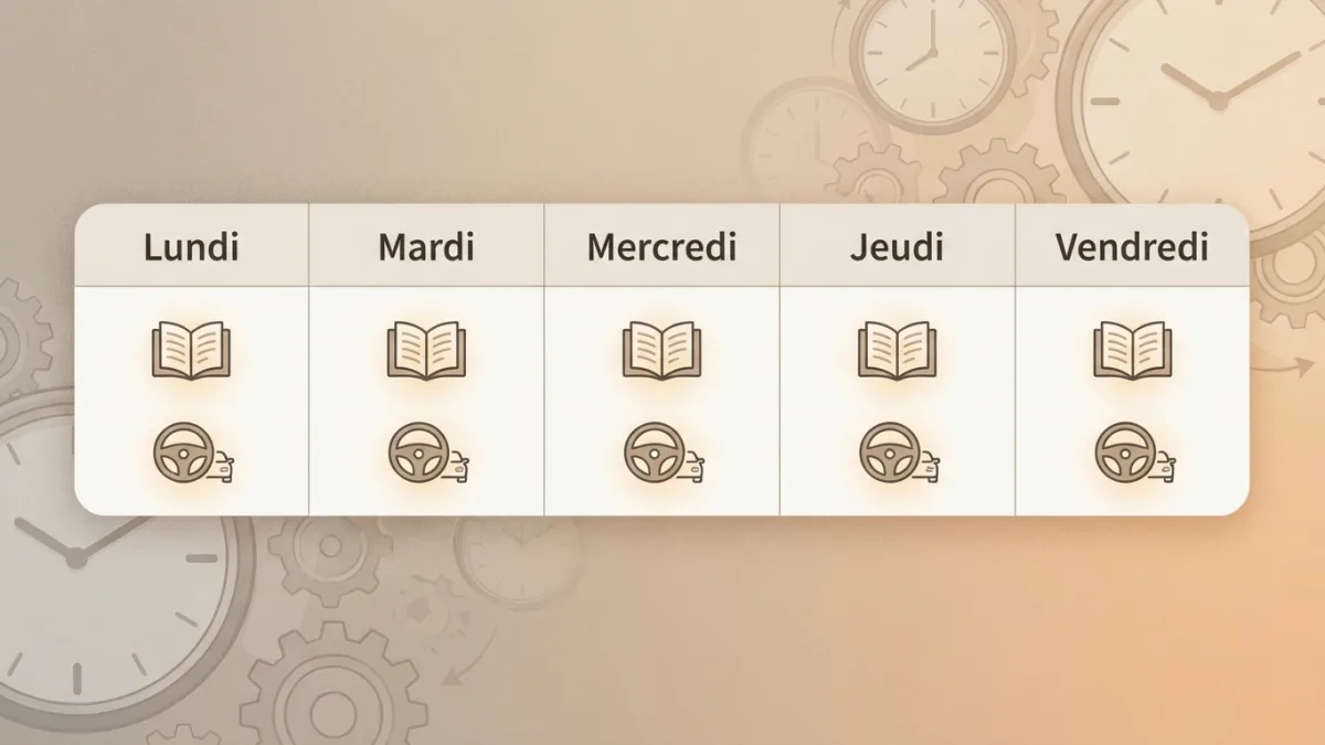 Panneau affichant les heures d'ouverture du centre d'examen du permis de conduire à Ottignies du lundi au vendredi.
