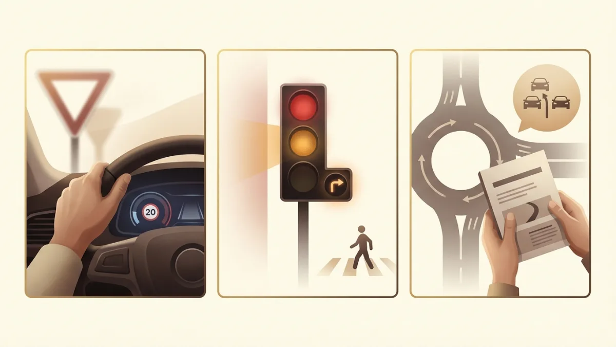 Des véhicules s'arrêtent à un carrefour belge en respectant les panneaux de priorité et la signalisation.