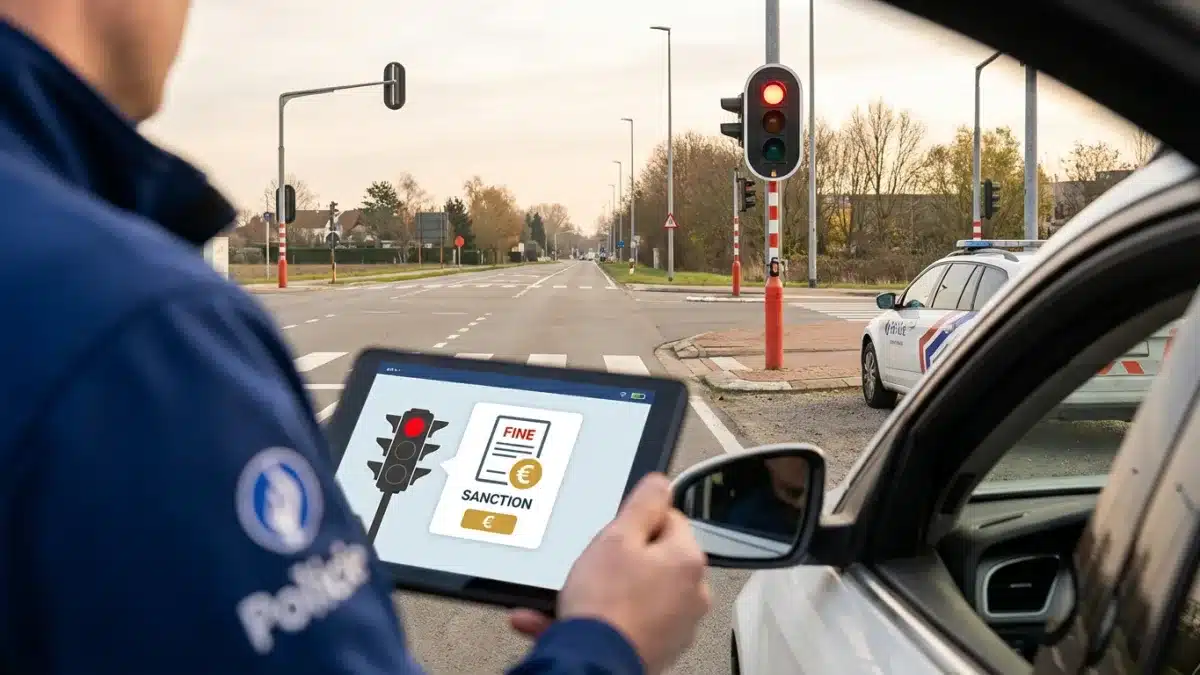 Un véhicule franchit un feu rouge à une intersection surveillée par un radar automatique.