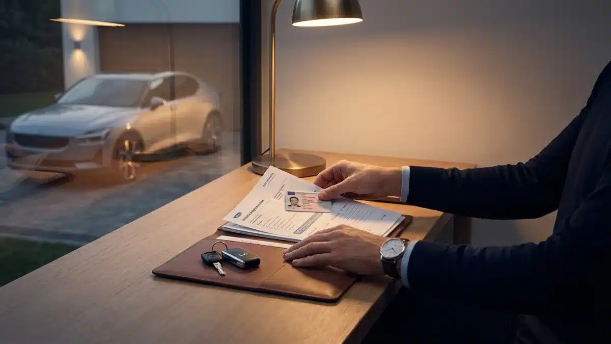 Candidat au permis de conduire vérifiant ses documents et sa voiture avant l'examen pratique.