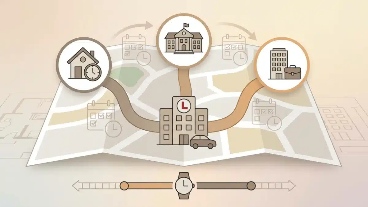 Une carte montrant le trajet entre une maison et une auto-école pour illustrer la proximité géographique.