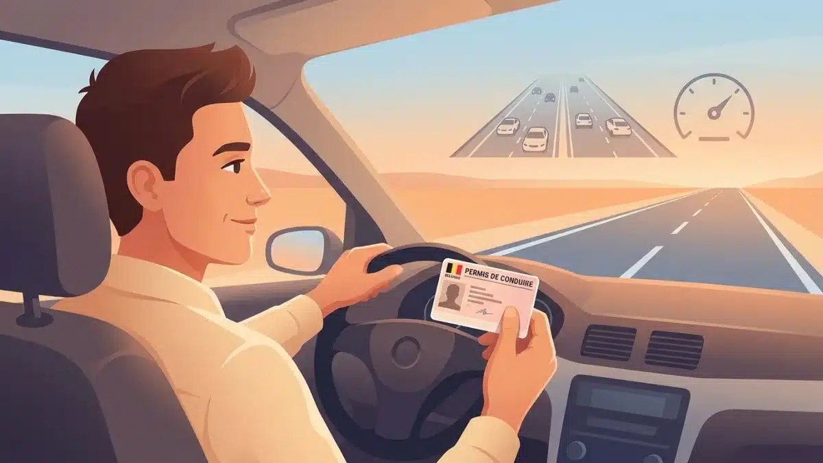 Un jeune conducteur au volant profite de sa liberté sans période probatoire en Belgique.