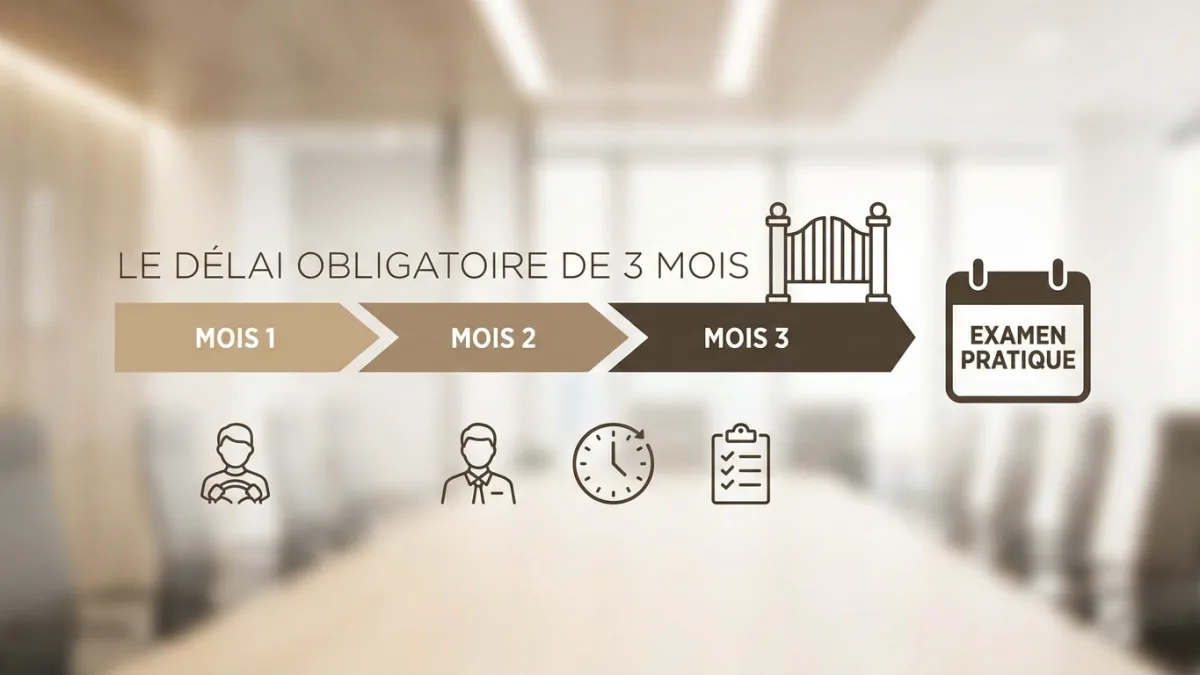 Un calendrier illustre le délai obligatoire de trois mois avant de passer le permis pratique en Wallonie.