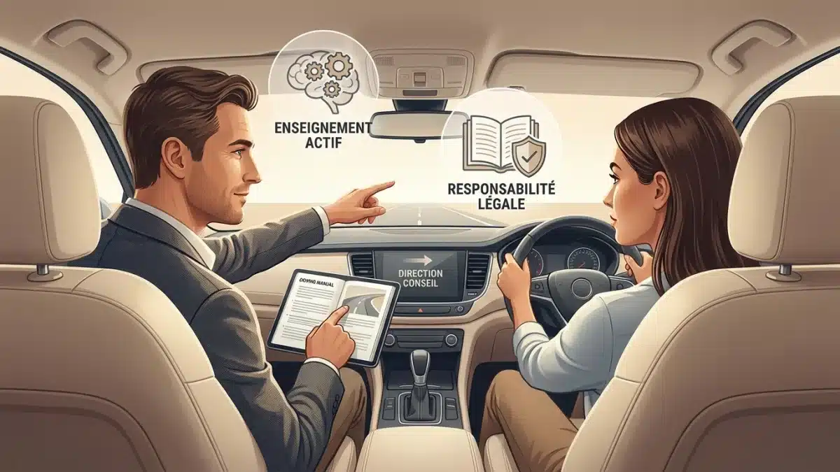 Un accompagnateur donne des conseils pédagogiques à un élève conducteur en situation de conduite réelle.