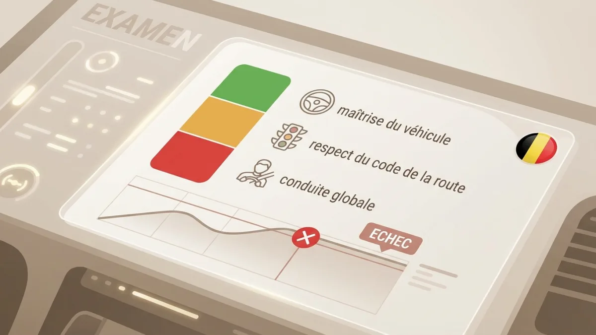 Un examinateur évalue la conduite et la maîtrise du véhicule selon le système de notation belge.