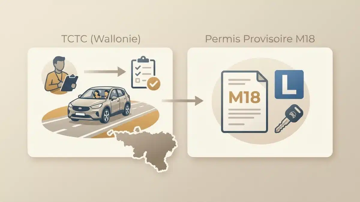 Candidat au volant passant le TCTC en Wallonie pour obtenir son permis provisoire M18.