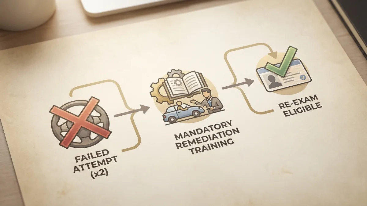 Un candidat au permis de conduire suit des cours de remédiation obligatoires en auto-école après un échec.