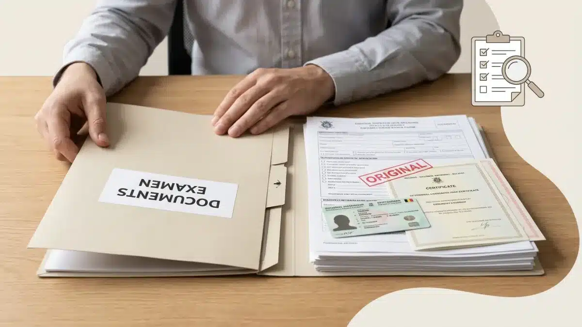 Une main tient une carte d'identité et un permis provisoire nécessaires pour l'examen pratique de conduite.