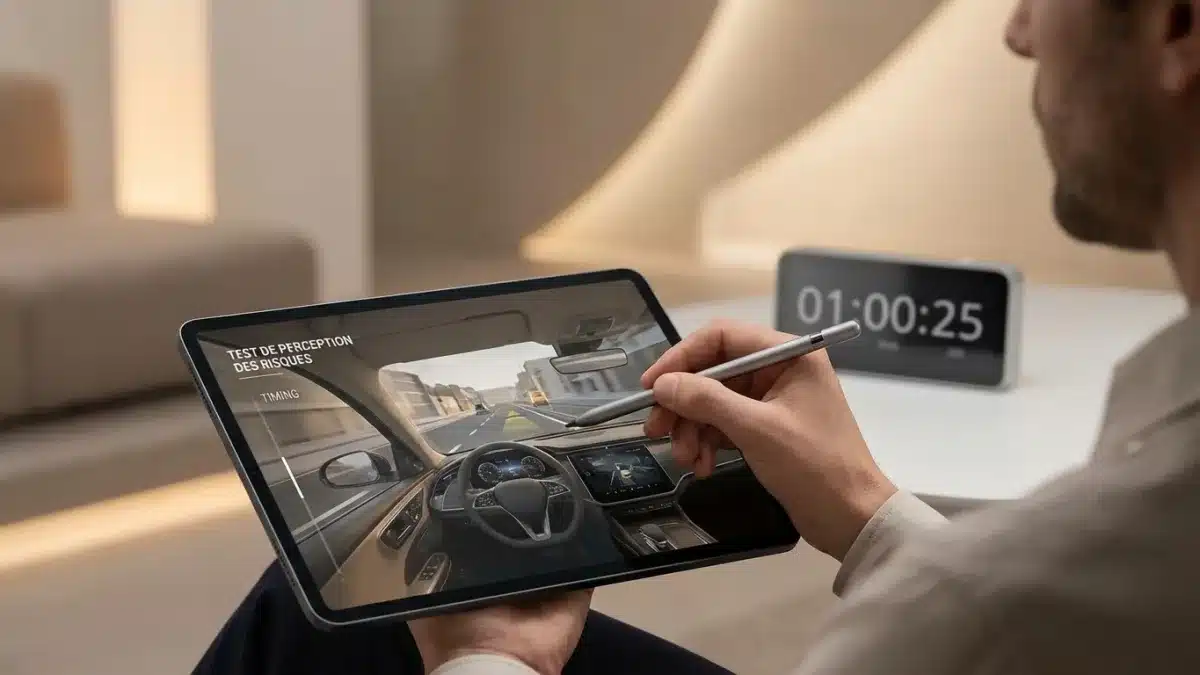 Jeune candidat au permis de conduire passant le test de perception des risques sur un écran.