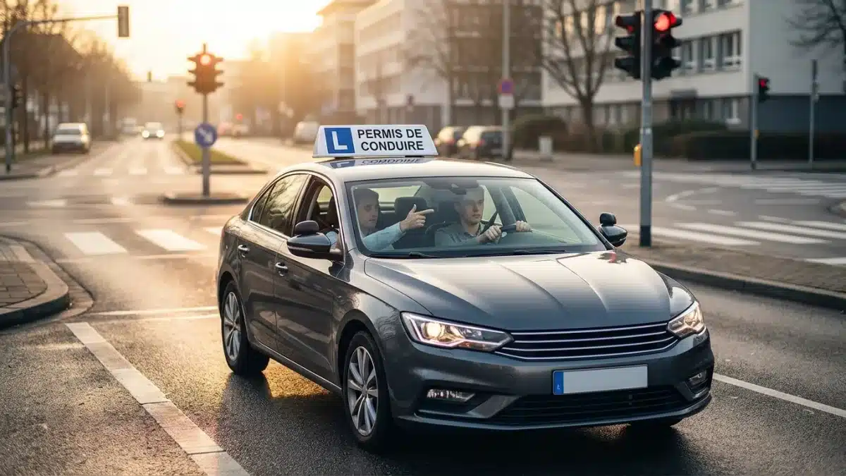 Candidat au volant lors de l'examen pratique du permis de conduire face à un feu rouge en Belgique.