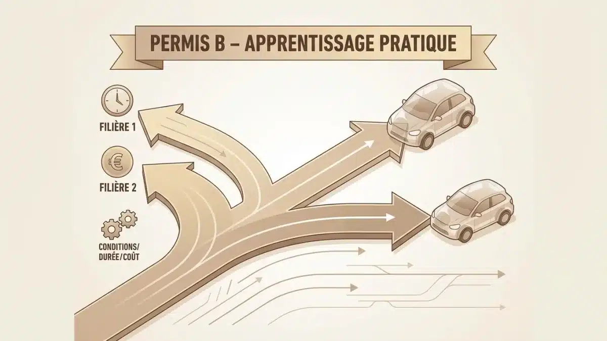 Schéma détaillant les trois filières d'apprentissage pratique pour obtenir son permis B en Flandre.