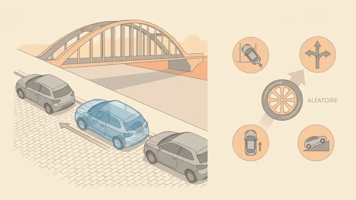 Une voiture d'auto-école réalise un créneau parfait dans une rue de Liège lors de l'examen pratique.