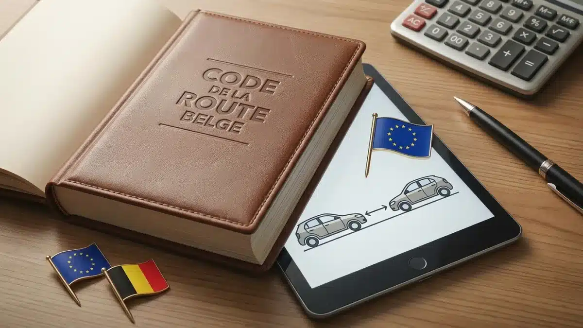 Deux véhicules roulant sur une route belge en maintenant une distance de sécurité légale suffisante.