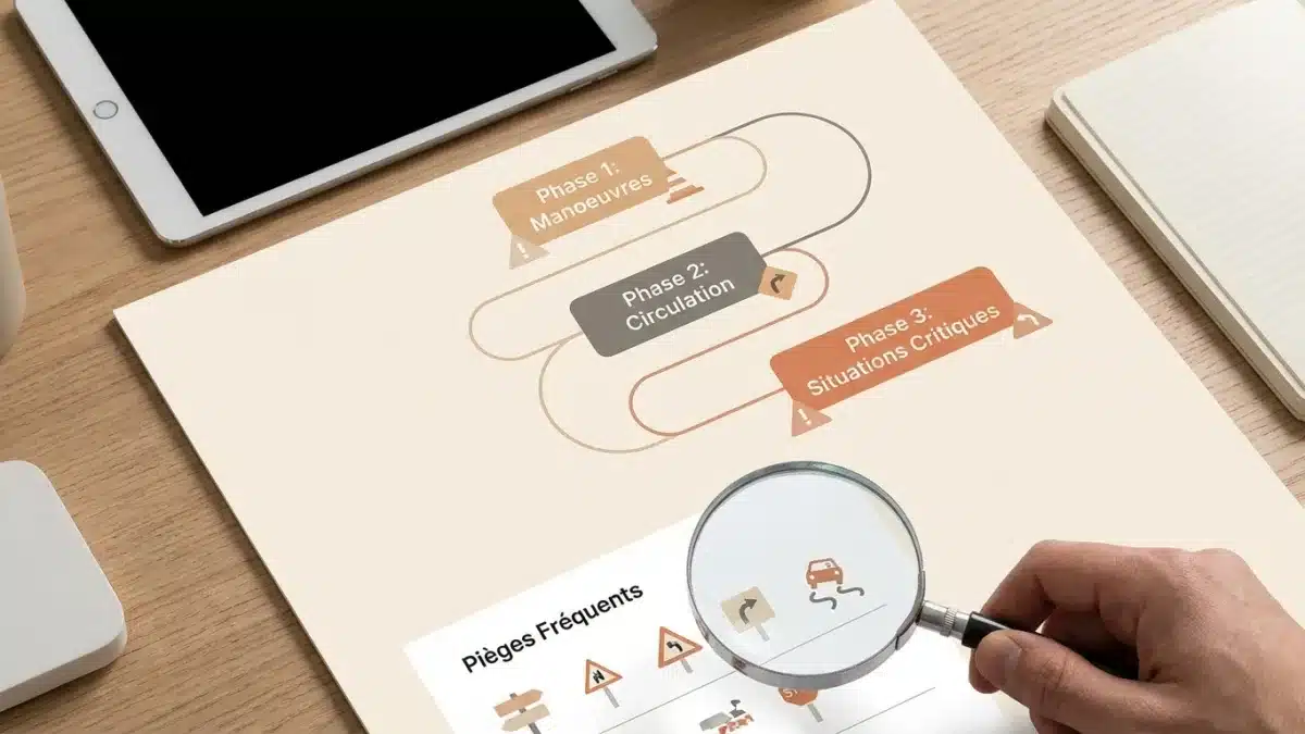 Candidat au permis vigilant face aux pièges fréquents lors d'une phase de conduite en agglomération.