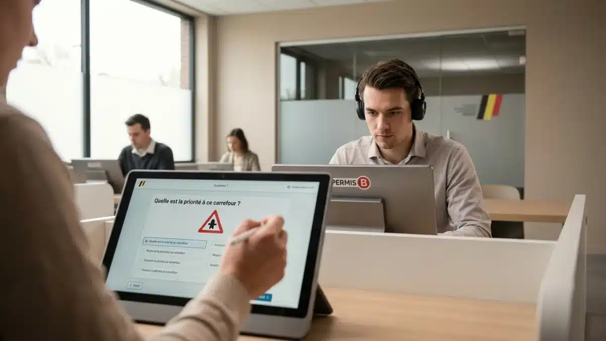 Candidat concentré devant un écran d'ordinateur passant l'examen théorique du permis de conduire belge.