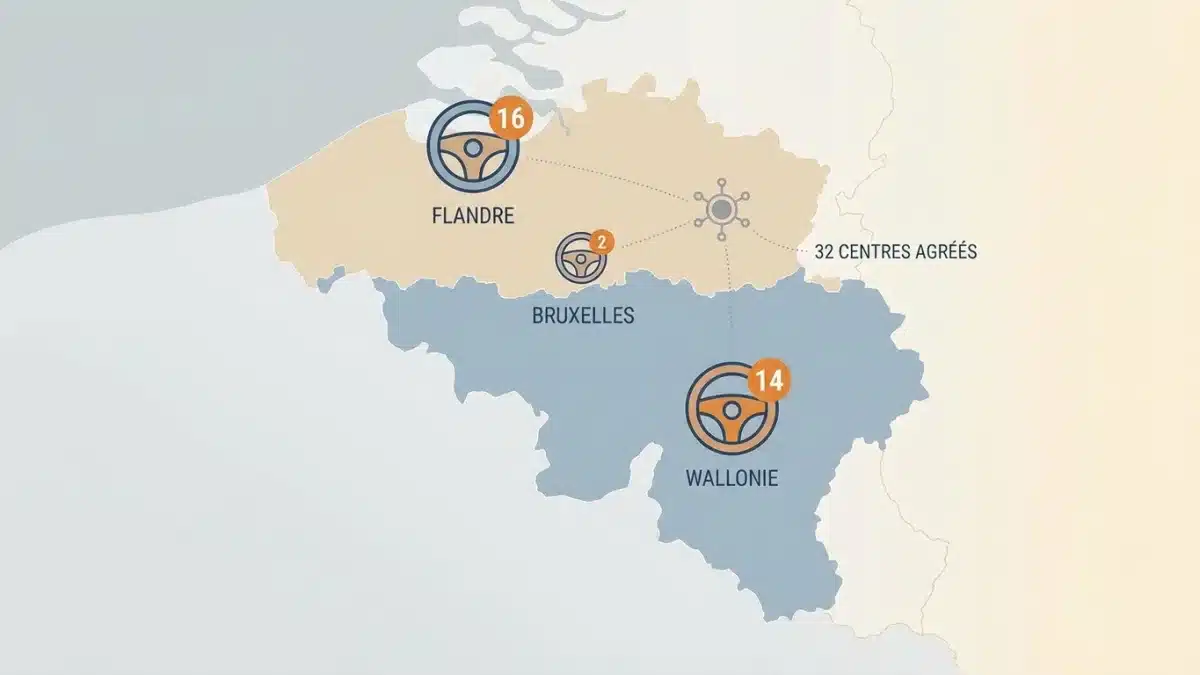 Une carte illustre la répartition des trente-deux centres d'examen du permis répartis dans les trois régions belges.
