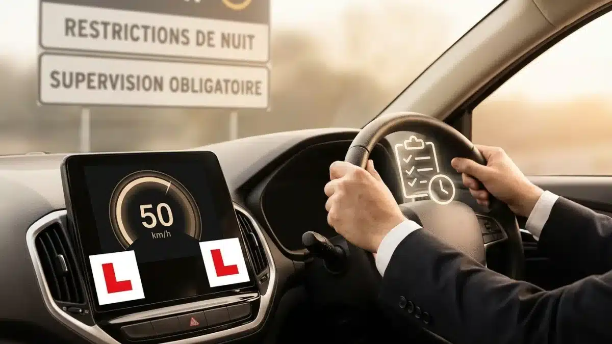 Un jeune conducteur au volant respectant les règles strictes et les limitations de vitesse du permis provisoire.