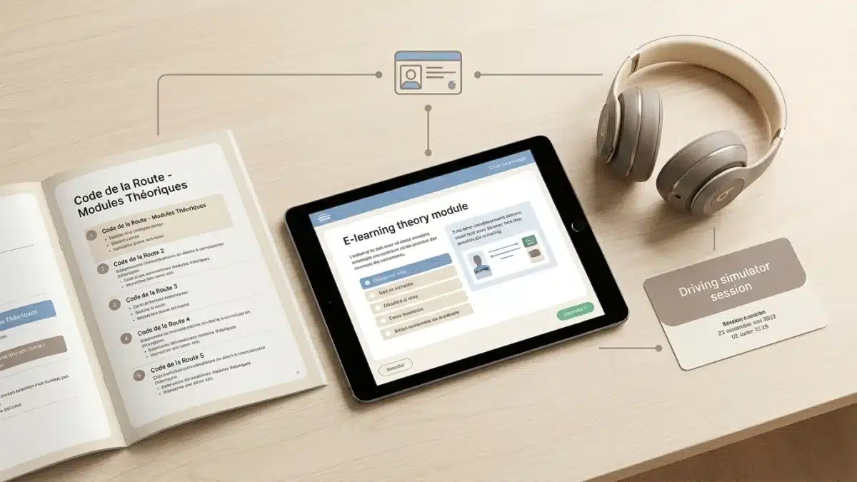 Élève utilisant une application interactive pour réviser le code de la route dans une auto-école moderne.
