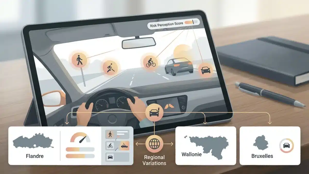 Écran d'ordinateur affichant une simulation de conduite pour le test de perception des risques en Belgique.