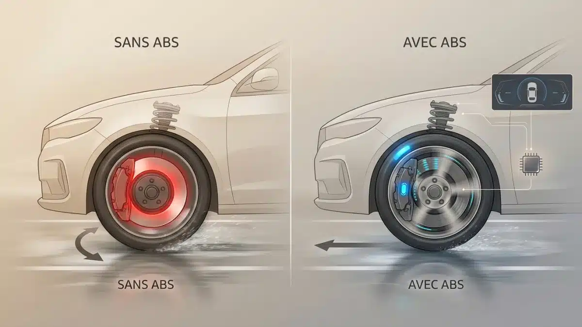Un véhicule moderne active son système ABS pour garder le contrôle sur une route glissante.