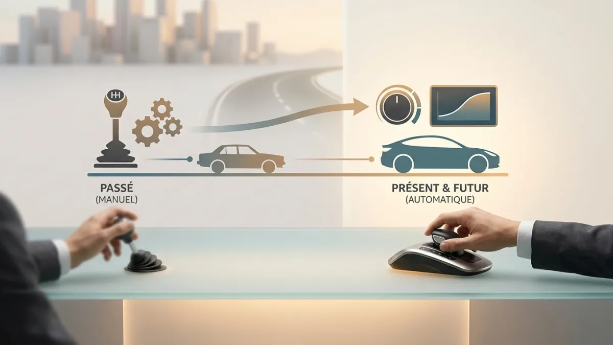 Un levier de vitesses automatique moderne illustre la disparition progressive des boîtes manuelles.