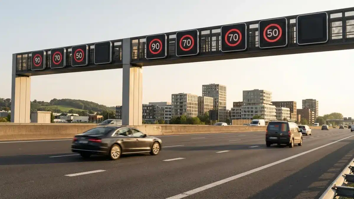 Panneaux de signalisation routière indiquant les limitations de vitesse en Belgique sur autoroute et en ville.