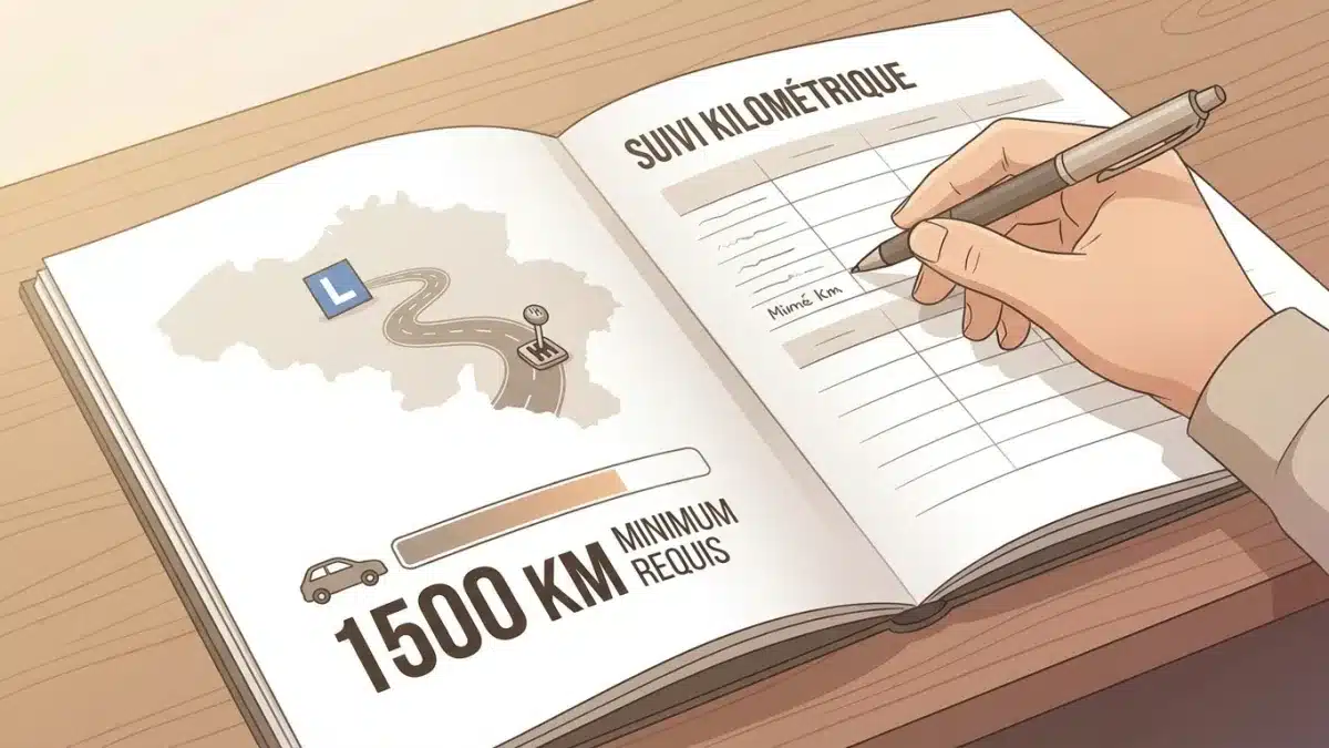 Un conducteur apprenant vérifie son kilométrage sur le tableau de bord pour valider l'objectif des 1500 km.