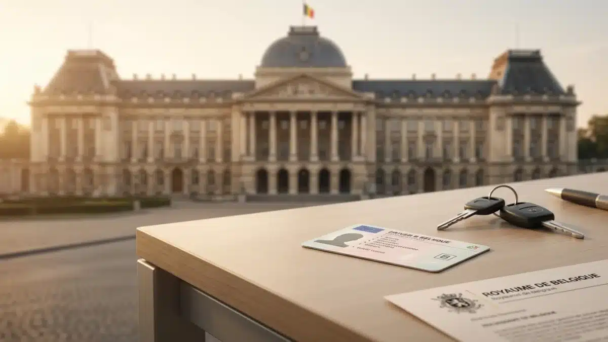 Un jeune conducteur souriant tient fièrement son nouveau permis de conduire belge après l'examen.