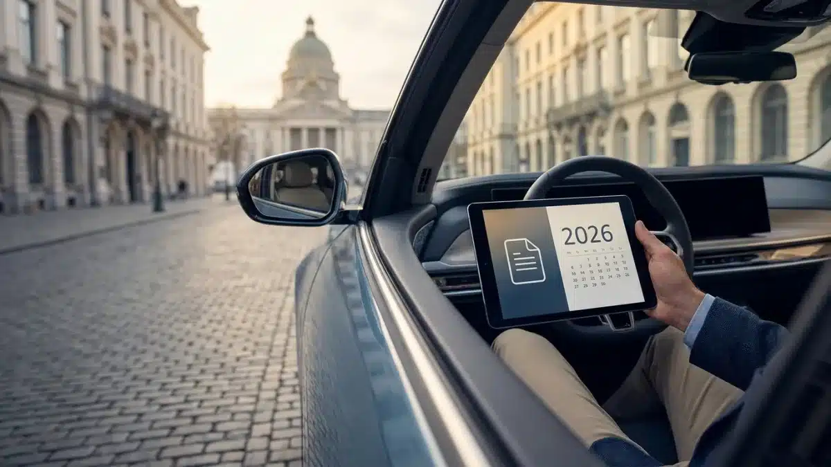 Jeune candidat au permis de conduire au volant d'une voiture dans le centre de Bruxelles.