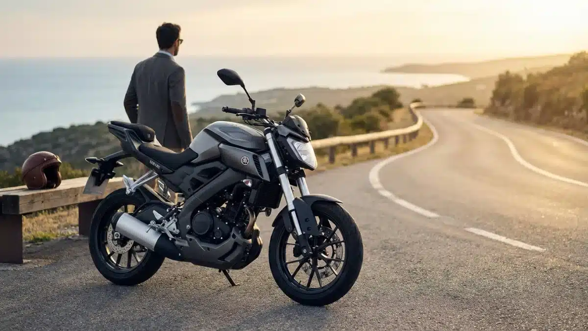 Un motard équipé conduisant une moto 125cc sur une route de campagne pour illustrer le permis A1.