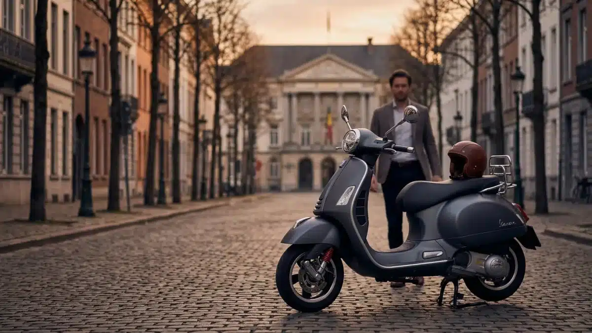 Jeune conducteur souriant sur un scooter 50cc urbain avec son casque de protection en Belgique.