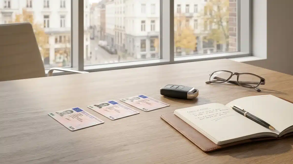 Permis de conduire provisoire belge posé sur une table à côté de clés de voiture.