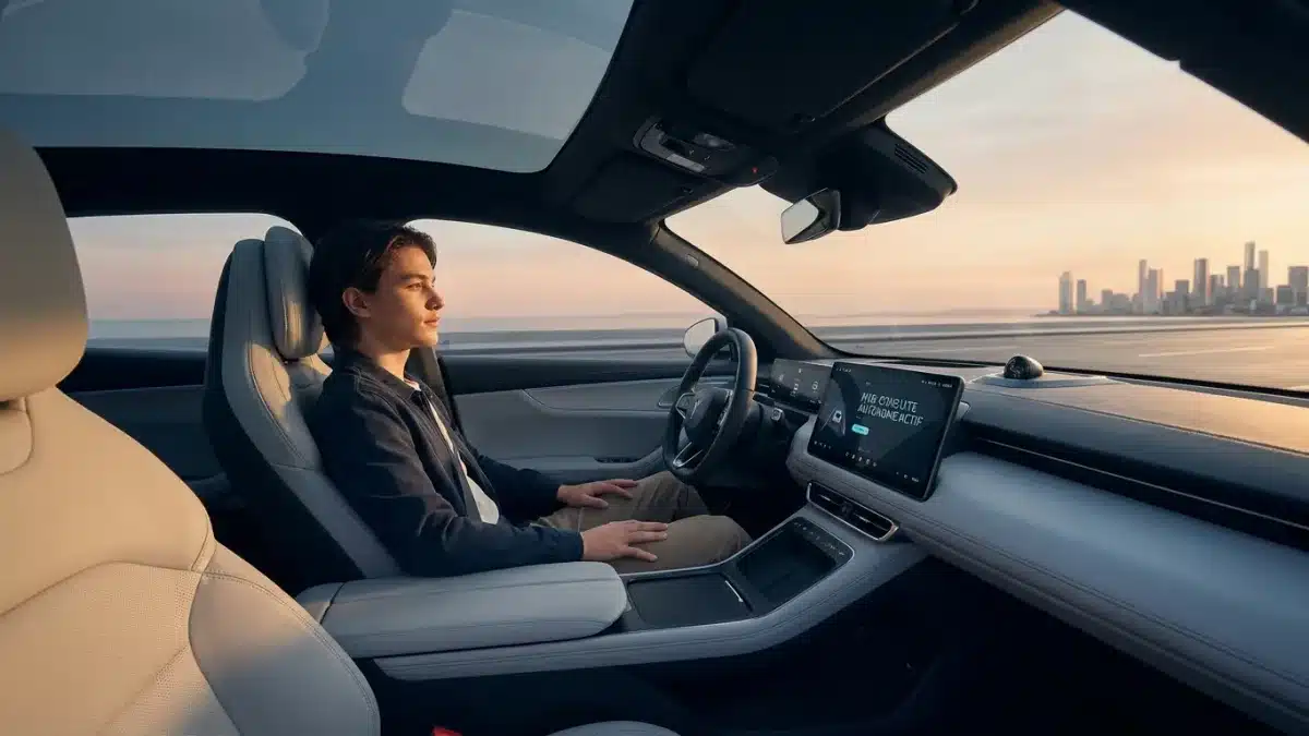 Un jeune conducteur souriant au volant de sa voiture avec son permis provisoire M18.