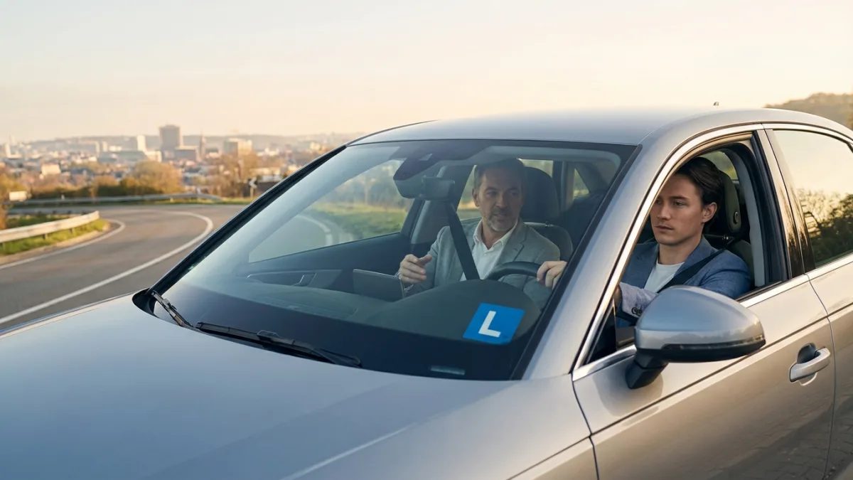 Un jeune conducteur au volant de sa voiture accompagné de son guide avec le permis provisoire M36.