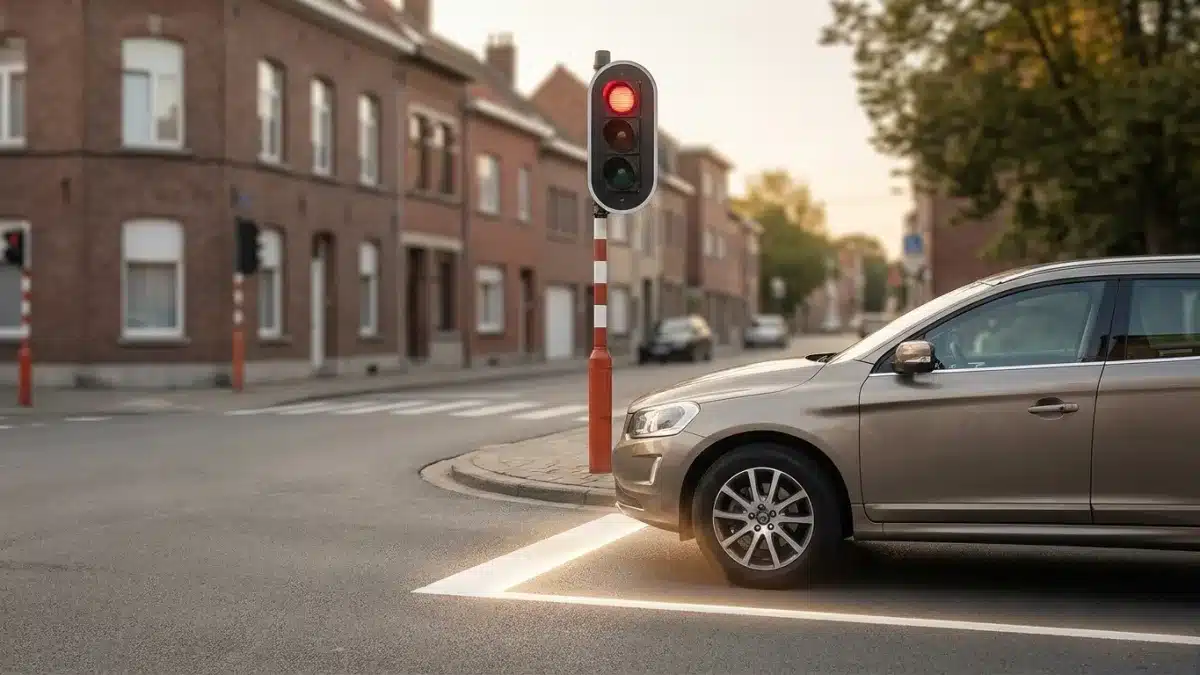 Un véhicule s'immobilise précisément avant la ligne d'arrêt blanche d'un feu de signalisation rouge.