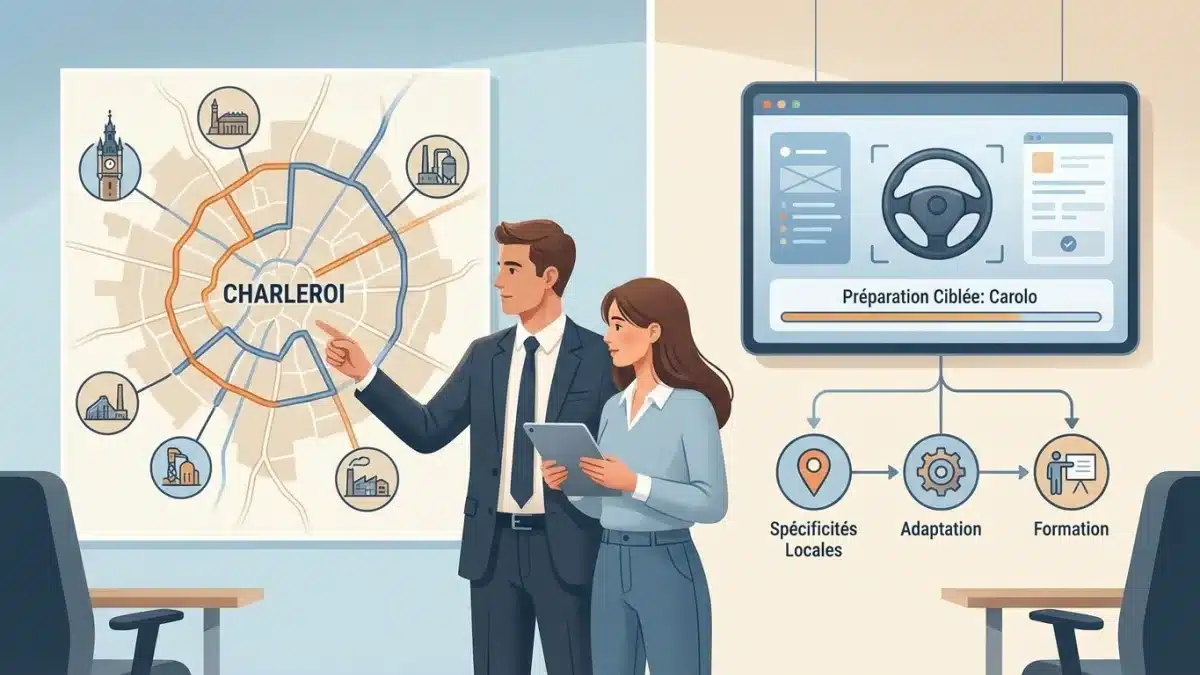 Un élève au volant s'exerce sur les routes spécifiques de Charleroi avec son moniteur.