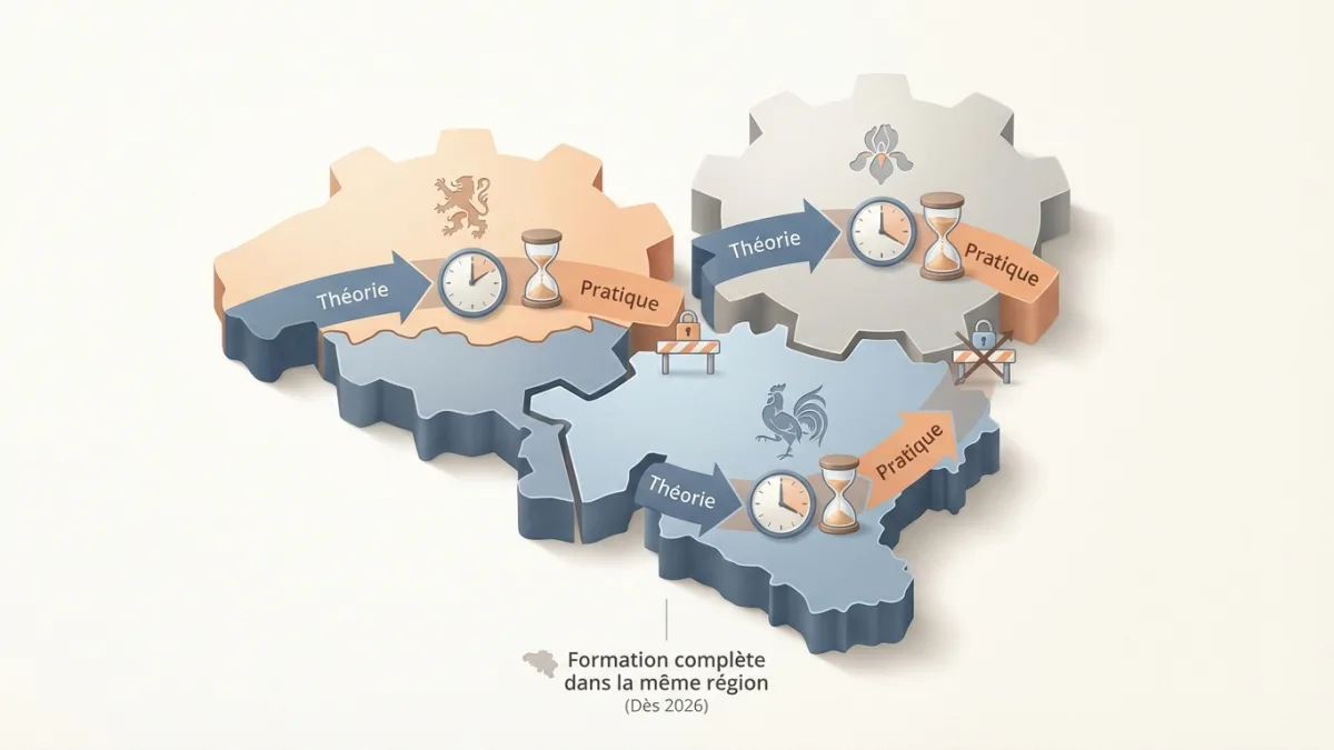 Une carte de la Belgique illustre les nouvelles règles régionales qui allongent les délais du permis de conduire.