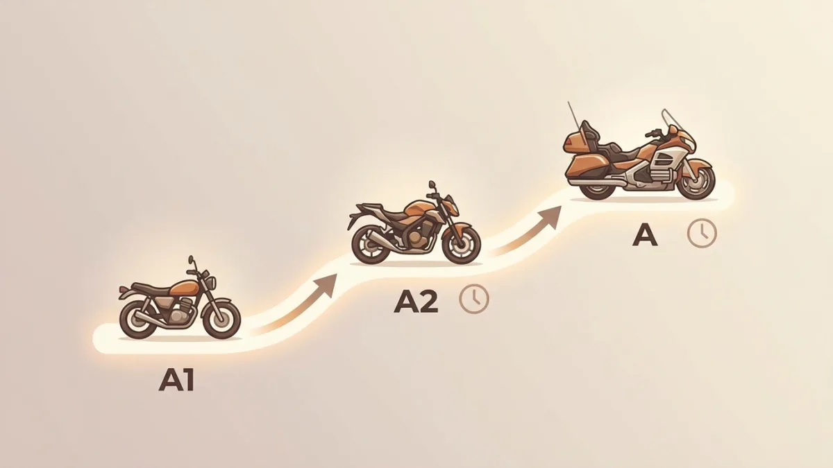 Évolution d'un motard passant de sa première moto 125cc vers un modèle plus puissant grâce au permis A2.